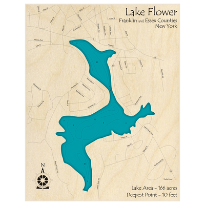 Bathymetric topo map of Lake Flower with roads, towns and depths noted in blue water