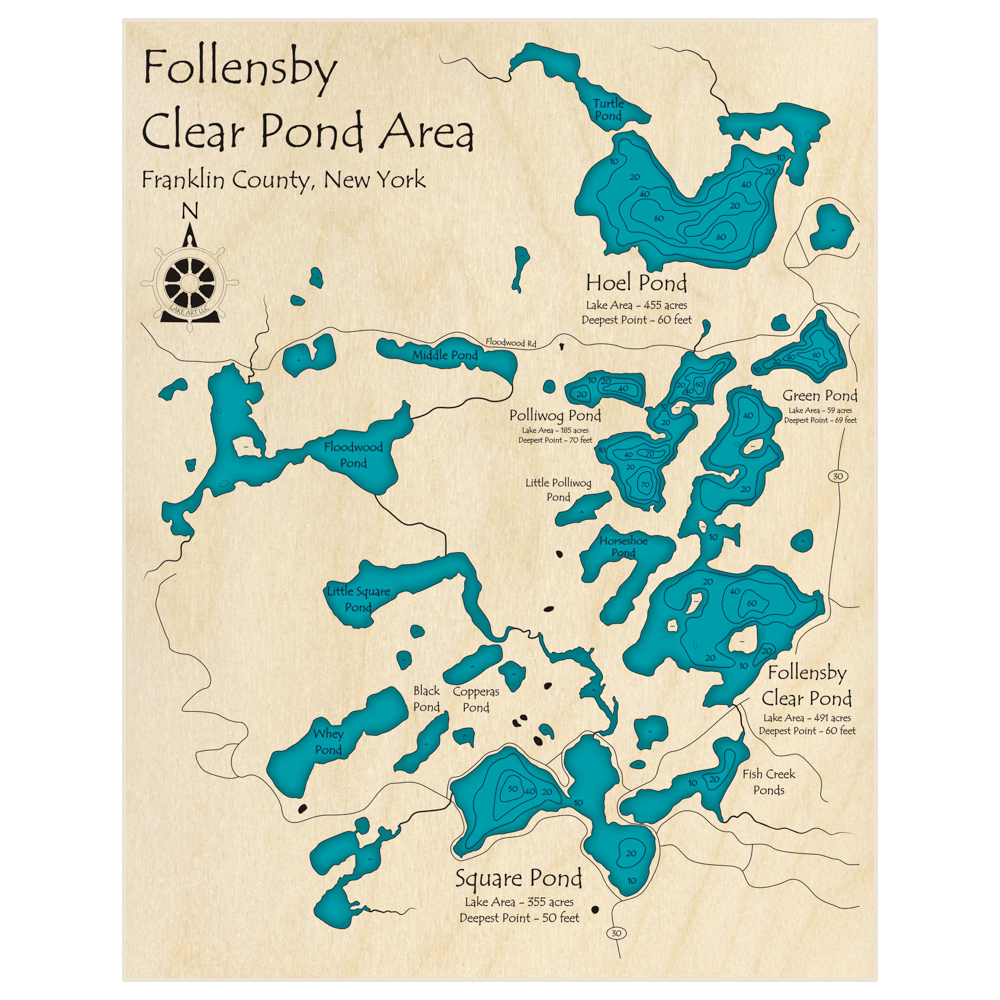 Bathymetric topo map of Follensby Clear Pond Area with roads, towns and depths noted in blue water