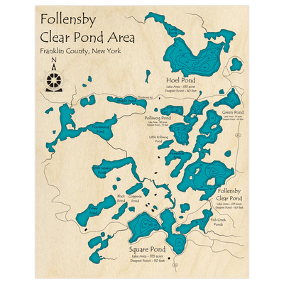 Bathymetric topo map of Follensby Clear Pond Area with roads, towns and depths noted in blue water