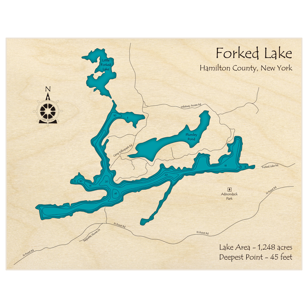 Bathymetric topo map of Forked Lake with roads, towns and depths noted in blue water