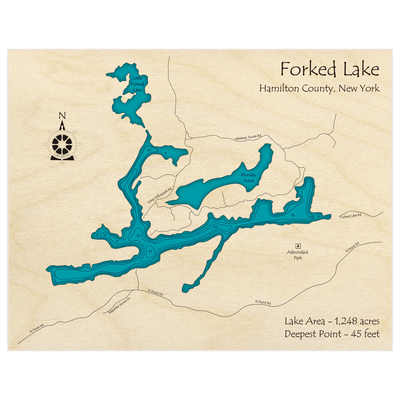 Bathymetric topo map of Forked Lake with roads, towns and depths noted in blue water