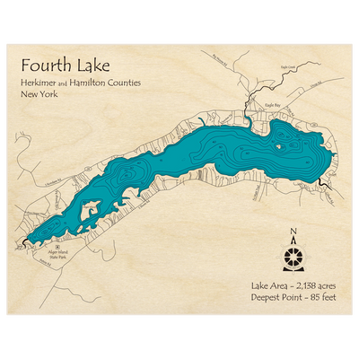 Bathymetric topo map of Fourth Lake with roads, towns and depths noted in blue water