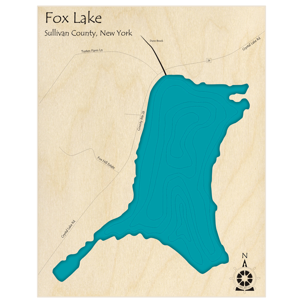 Bathymetric topo map of Fox Lake  with roads, towns and depths noted in blue water