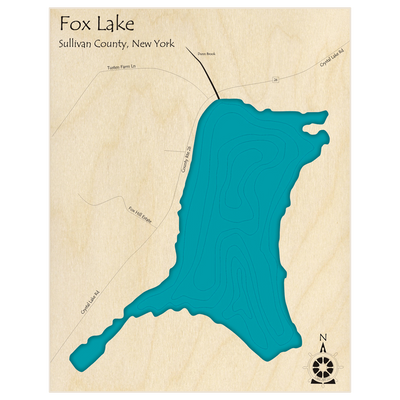 Bathymetric topo map of Fox Lake  with roads, towns and depths noted in blue water