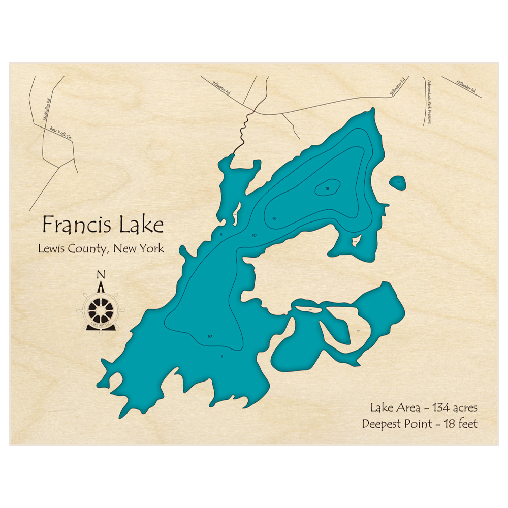 Bathymetric topo map of Francis Lake with roads, towns and depths noted in blue water