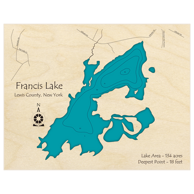 Bathymetric topo map of Francis Lake with roads, towns and depths noted in blue water