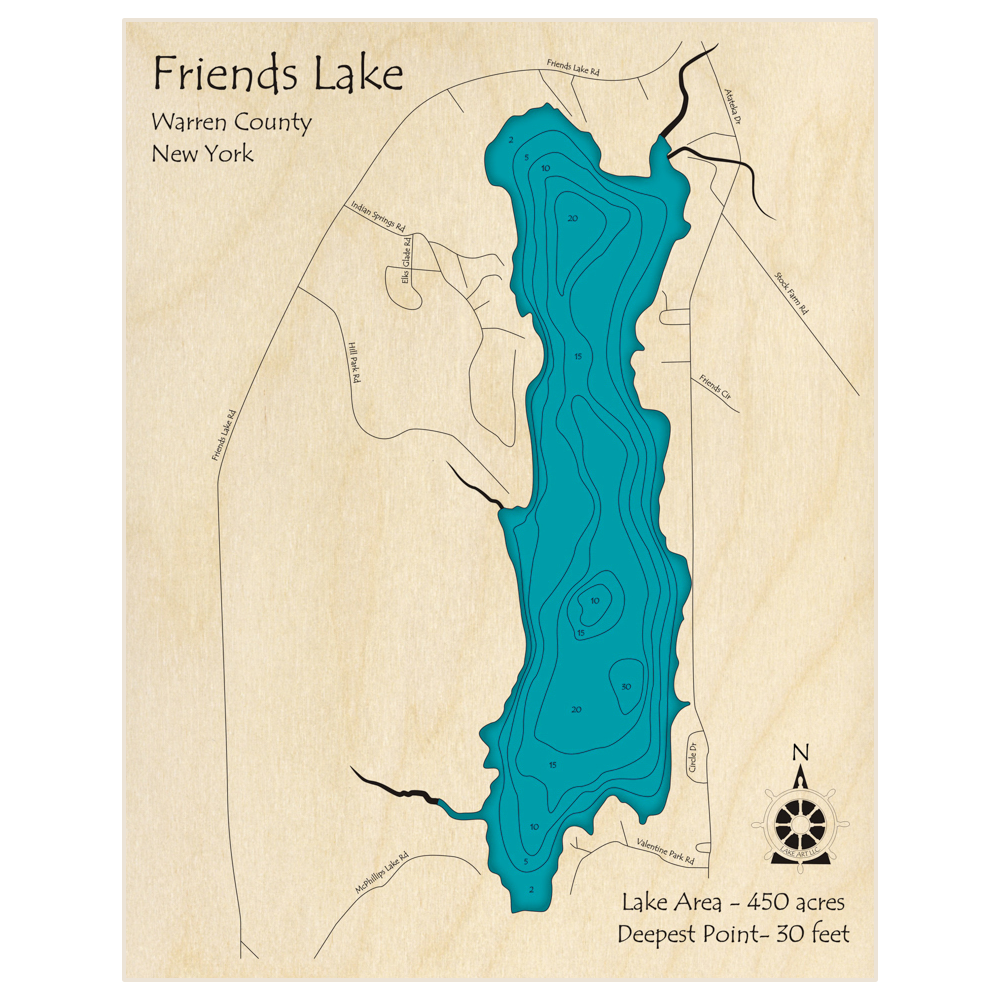 Bathymetric topo map of Friends Lake with roads, towns and depths noted in blue water