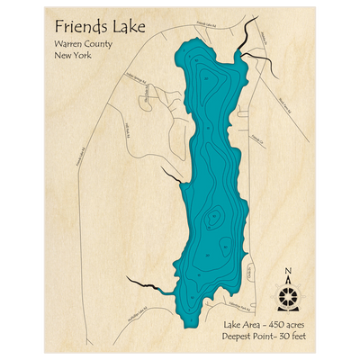 Bathymetric topo map of Friends Lake with roads, towns and depths noted in blue water