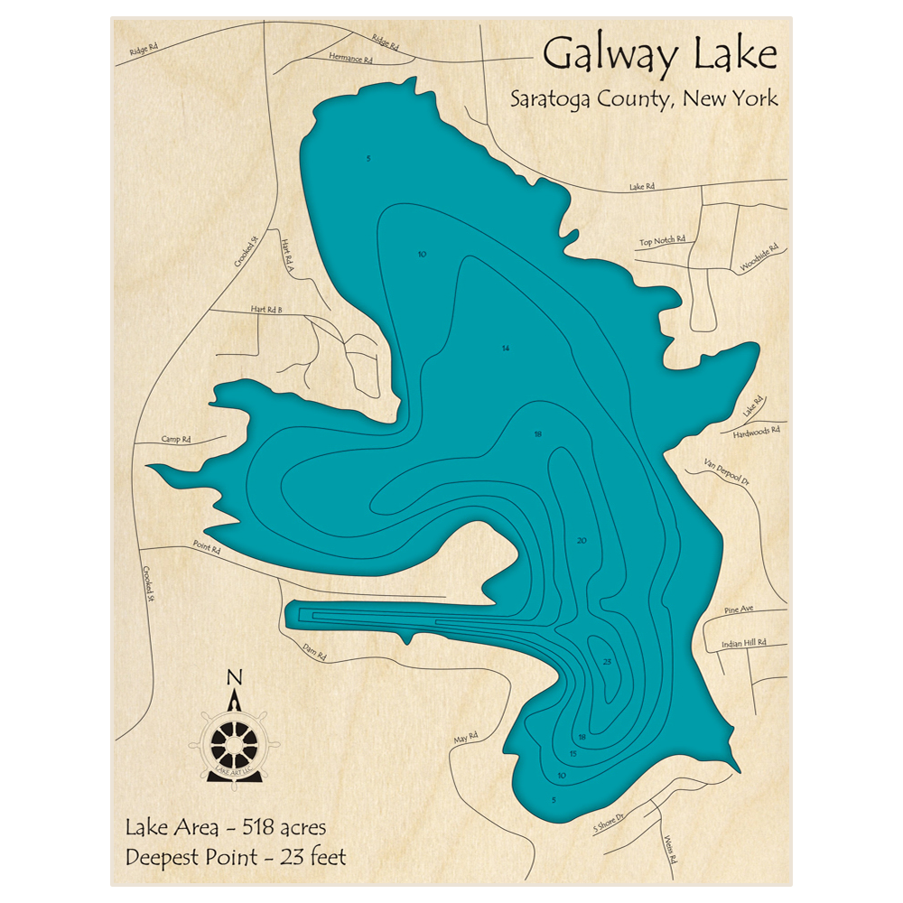 Bathymetric topo map of Galway Lake with roads, towns and depths noted in blue water