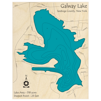 Bathymetric topo map of Galway Lake with roads, towns and depths noted in blue water