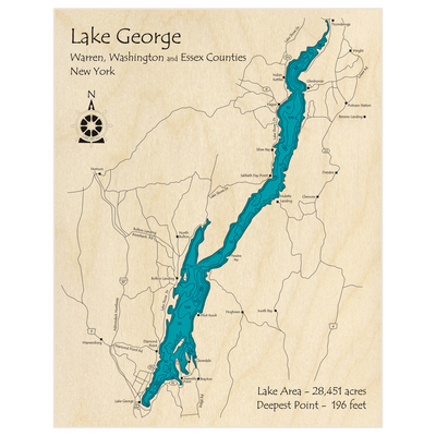 Bathymetric topo map of Lake George with roads, towns and depths noted in blue water