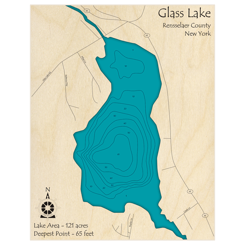 Bathymetric topo map of Glass Lake with roads, towns and depths noted in blue water