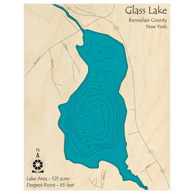 Bathymetric topo map of Glass Lake with roads, towns and depths noted in blue water