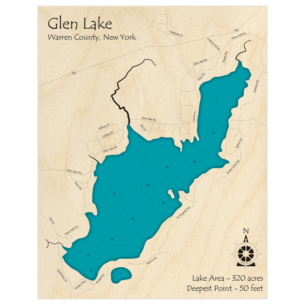 Bathymetric topo map of Glen Lake with roads, towns and depths noted in blue water