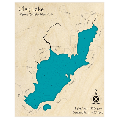 Bathymetric topo map of Glen Lake with roads, towns and depths noted in blue water