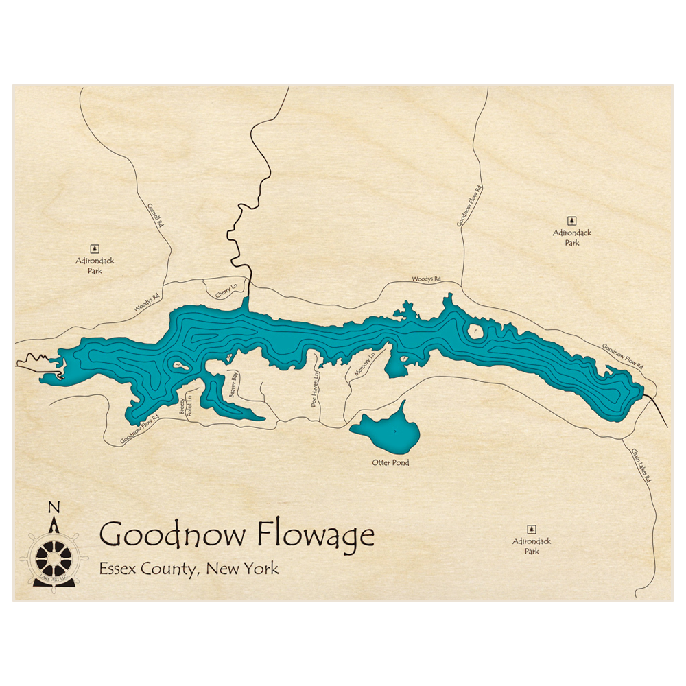 Bathymetric topo map of Goodnow Flowage with roads, towns and depths noted in blue water