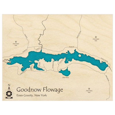 Bathymetric topo map of Goodnow Flowage with roads, towns and depths noted in blue water