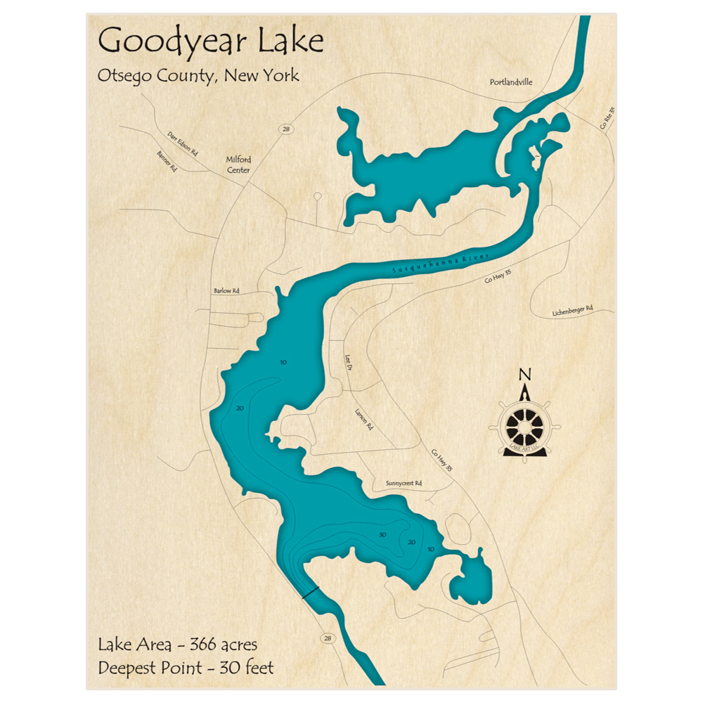 Bathymetric topo map of Goodyear Lake with roads, towns and depths noted in blue water