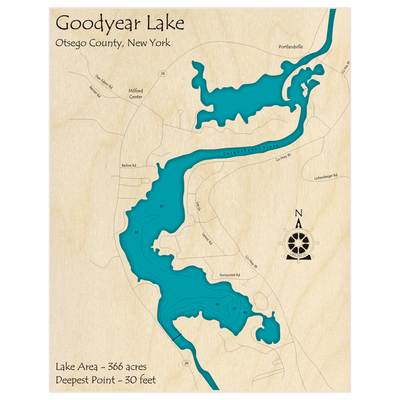 Bathymetric topo map of Goodyear Lake with roads, towns and depths noted in blue water