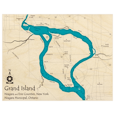 Bathymetric topo map of Grand Island with roads, towns and depths noted in blue water