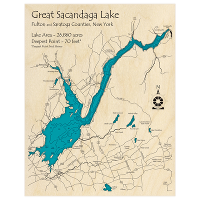 Bathymetric topo map of Great Sacandaga Lake with roads, towns and depths noted in blue water