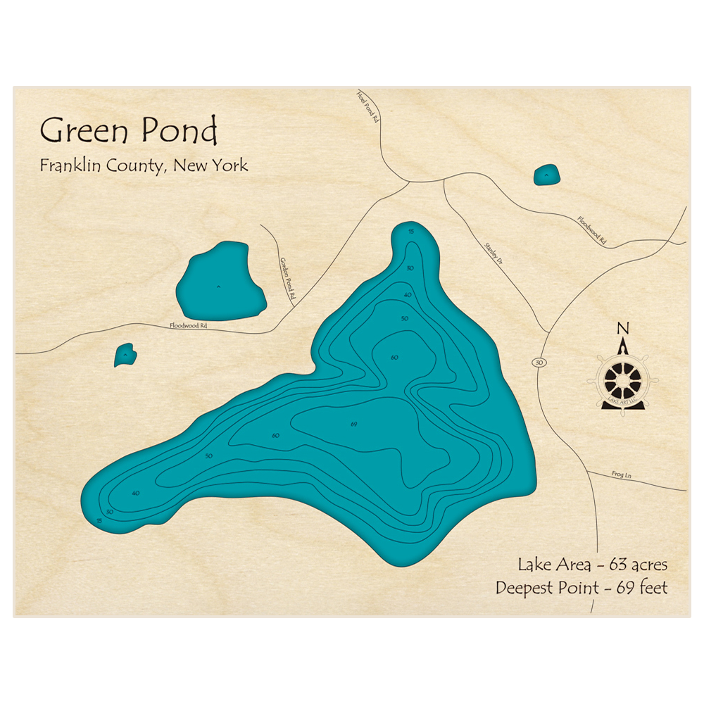 Bathymetric topo map of Green Pond with roads, towns and depths noted in blue water