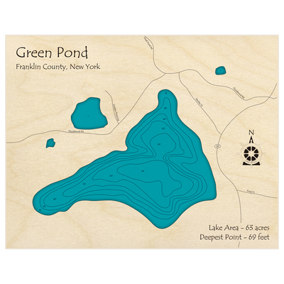 Bathymetric topo map of Green Pond with roads, towns and depths noted in blue water