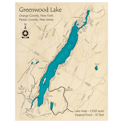 Bathymetric topo map of Greenwood Lake with roads, towns and depths noted in blue water