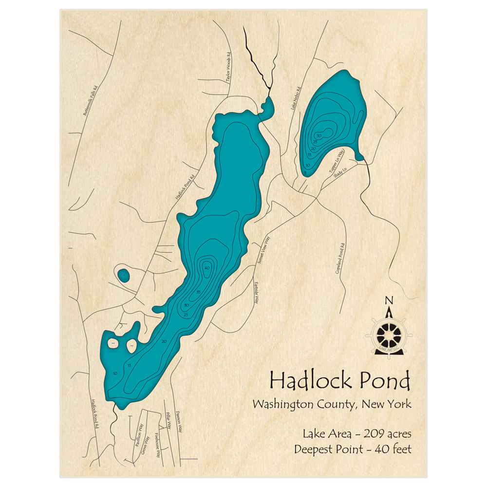 Bathymetric topo map of Hadlock Pond with roads, towns and depths noted in blue water