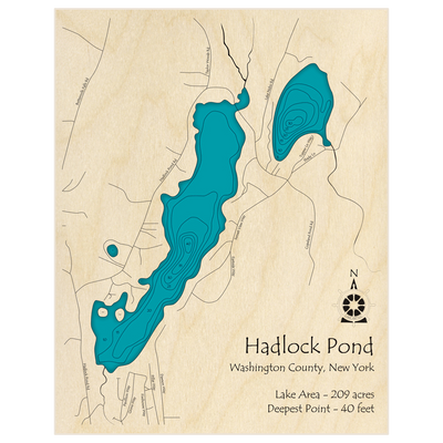 Bathymetric topo map of Hadlock Pond with roads, towns and depths noted in blue water