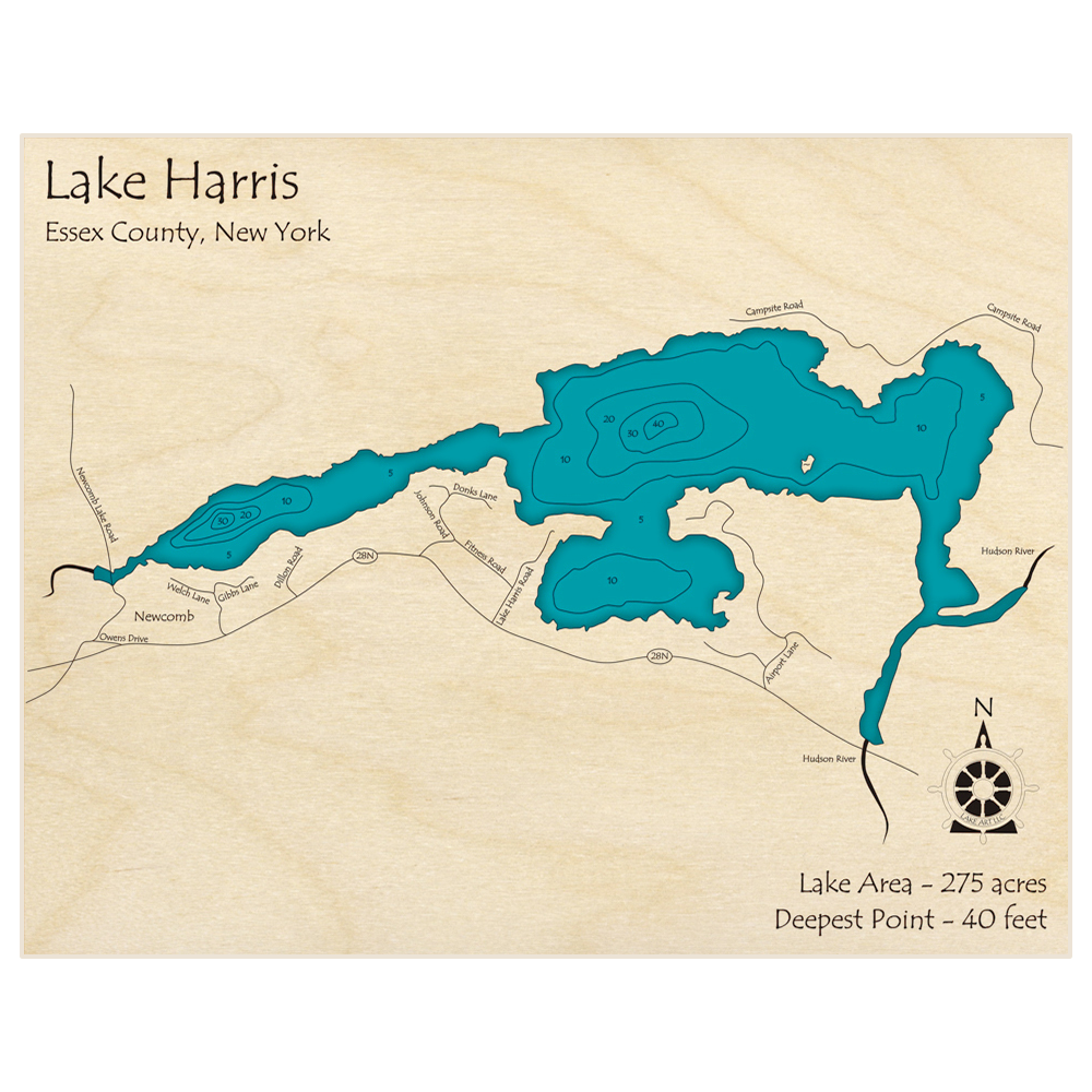 Bathymetric topo map of Lake Harris with roads, towns and depths noted in blue water