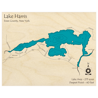 Bathymetric topo map of Lake Harris with roads, towns and depths noted in blue water