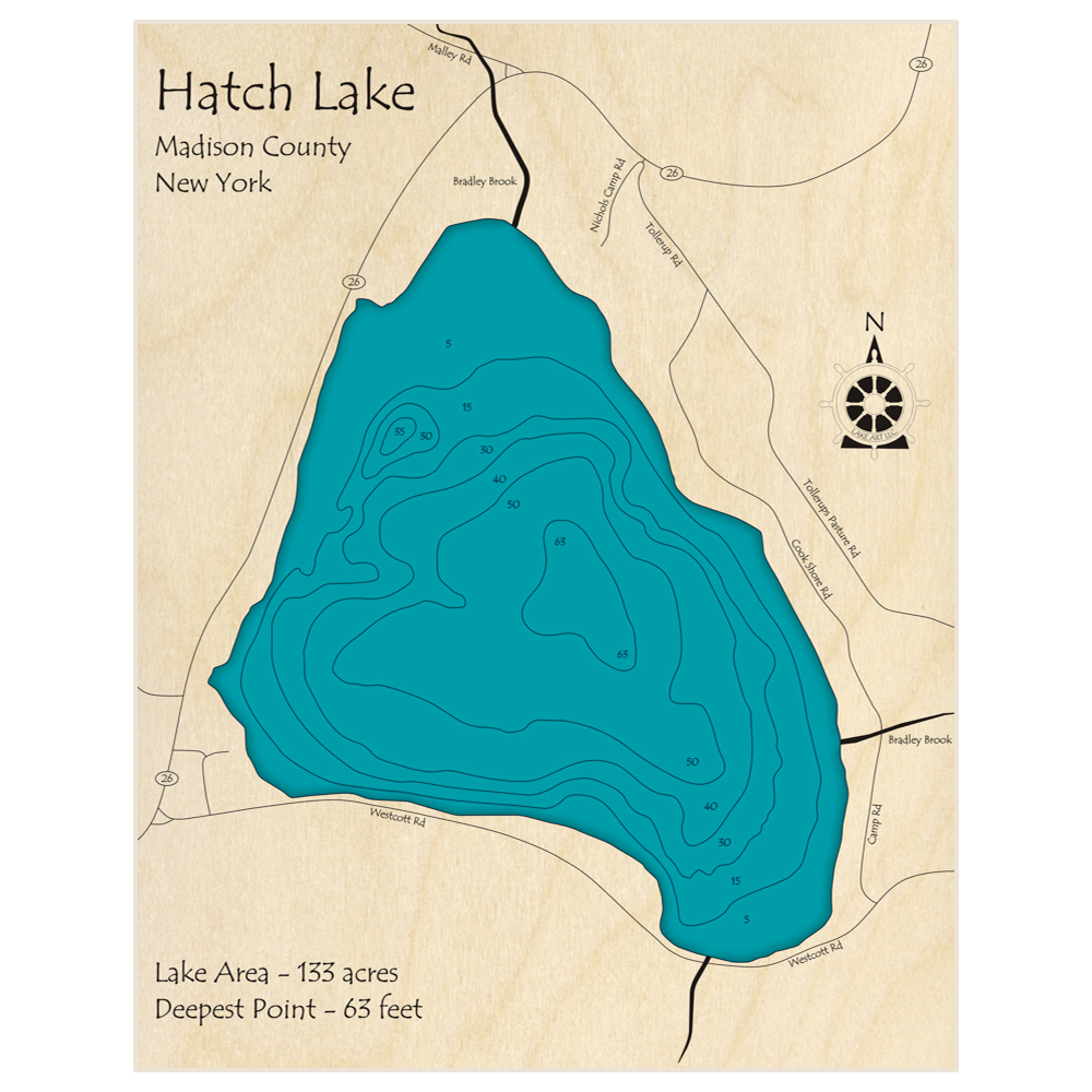 Bathymetric topo map of Hatch Lake with roads, towns and depths noted in blue water