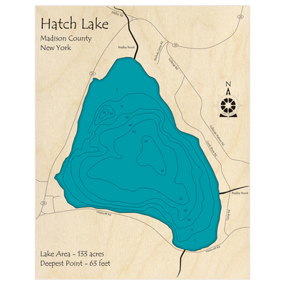 Bathymetric topo map of Hatch Lake with roads, towns and depths noted in blue water