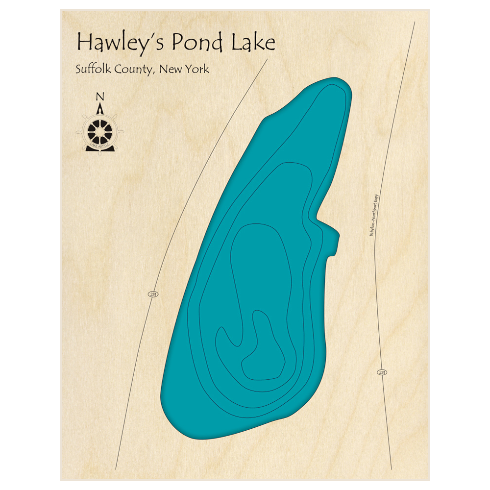 Bathymetric topo map of Hawleys Pond  with roads, towns and depths noted in blue water