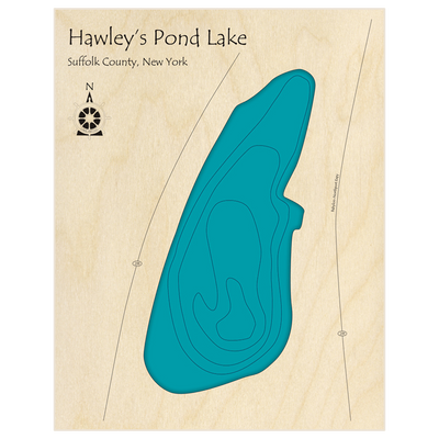 Bathymetric topo map of Hawleys Pond  with roads, towns and depths noted in blue water