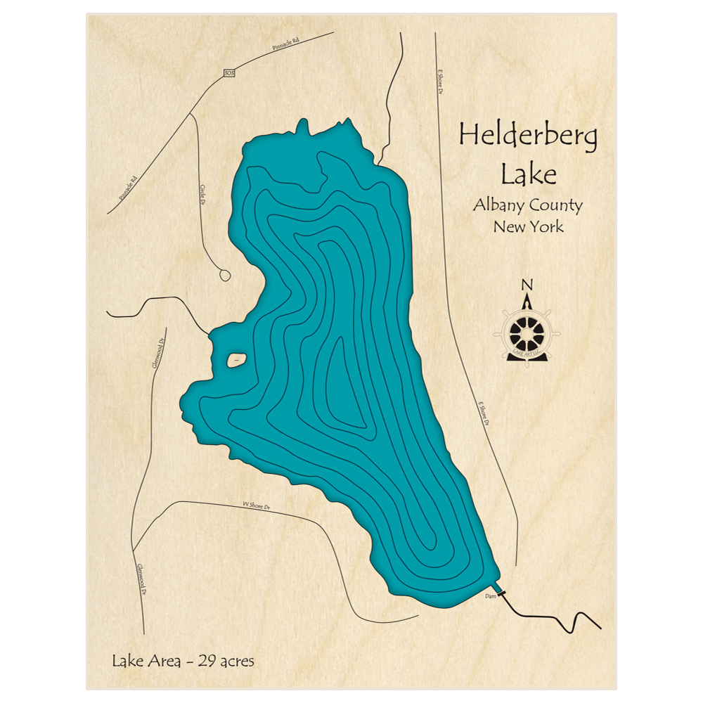 Bathymetric topo map of Helderberg Lake  with roads, towns and depths noted in blue water