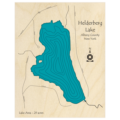 Bathymetric topo map of Helderberg Lake  with roads, towns and depths noted in blue water