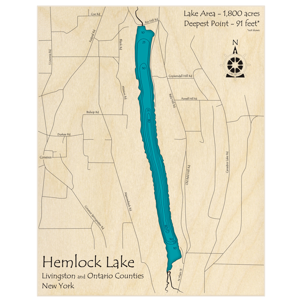 Bathymetric topo map of Hemlock Lake (no Canadice) with roads, towns and depths noted in blue water