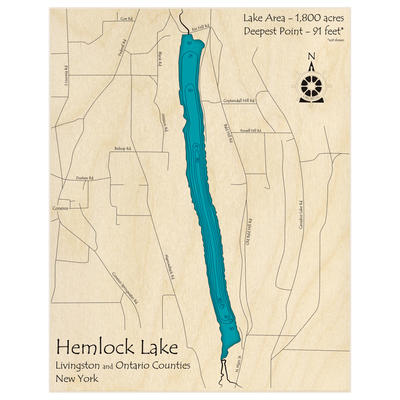 Bathymetric topo map of Hemlock Lake (no Canadice) with roads, towns and depths noted in blue water