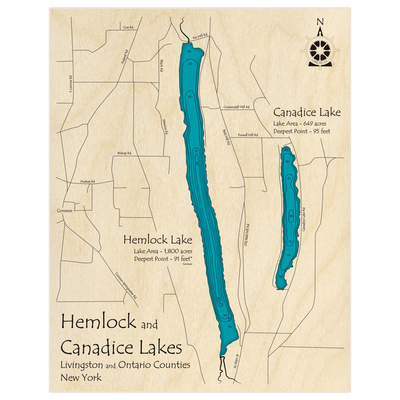 Bathymetric topo map of Hemlock Lake (with Canadice) with roads, towns and depths noted in blue water