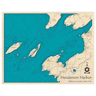 Bathymetric topo map of Henderson Harbor with roads, towns and depths noted in blue water