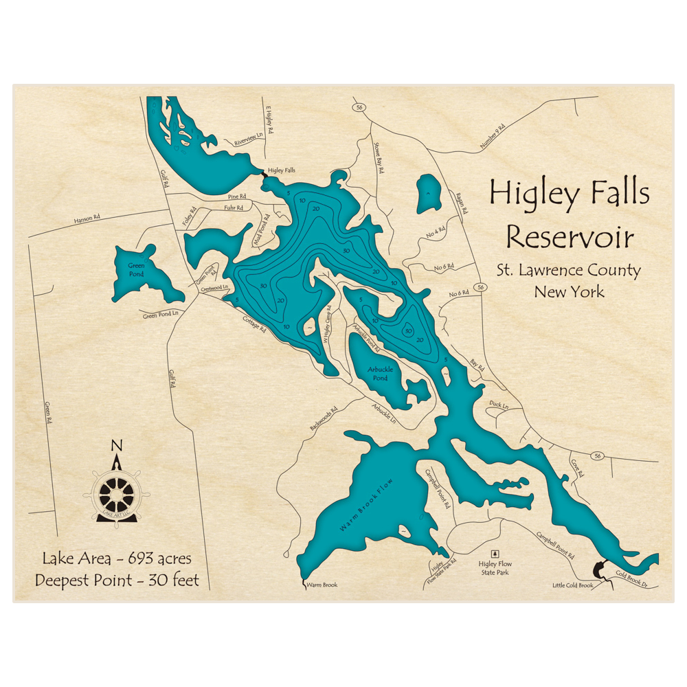 Bathymetric topo map of Higley Falls Reservoir with roads, towns and depths noted in blue water