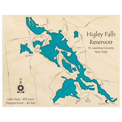 Bathymetric topo map of Higley Falls Reservoir with roads, towns and depths noted in blue water