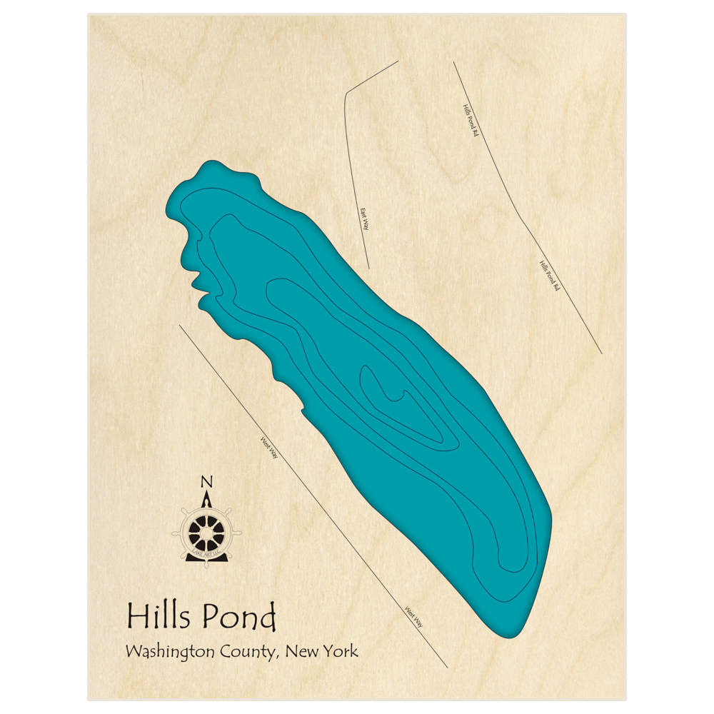 Bathymetric topo map of Hills Pond  with roads, towns and depths noted in blue water