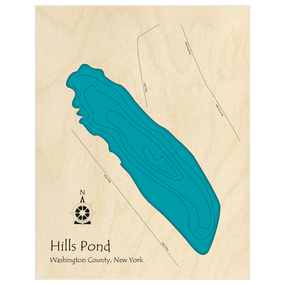 Bathymetric topo map of Hills Pond  with roads, towns and depths noted in blue water