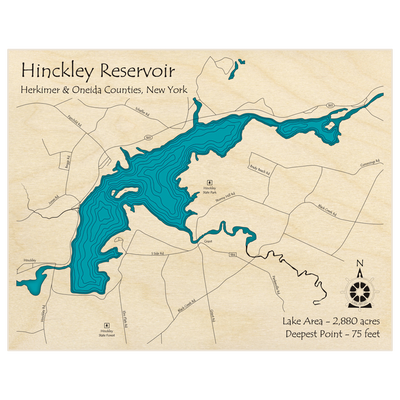 Bathymetric topo map of Hinckley Reservoir  with roads, towns and depths noted in blue water