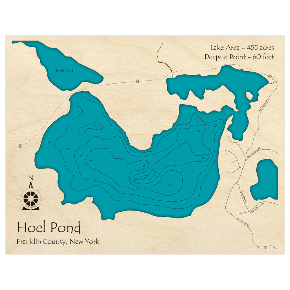 Bathymetric topo map of Hoel Pond with roads, towns and depths noted in blue water