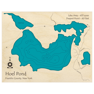 Bathymetric topo map of Hoel Pond with roads, towns and depths noted in blue water