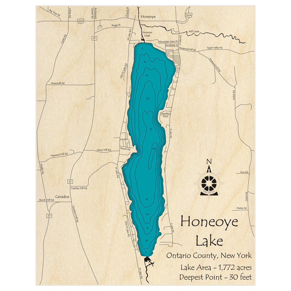 Bathymetric topo map of Honeoye Lake with roads, towns and depths noted in blue water